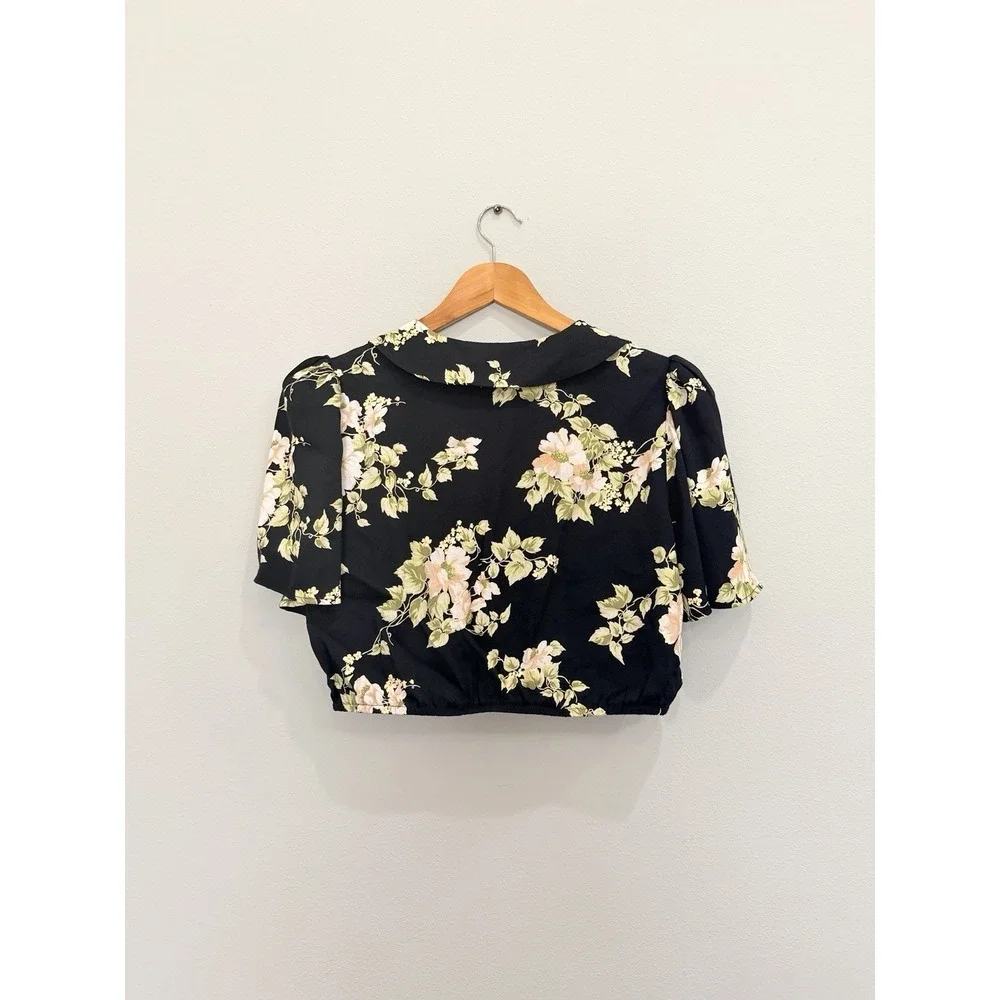 Reformation Florian Short Sleeve Black Floral Wrap Crop Top Size‎ 12
